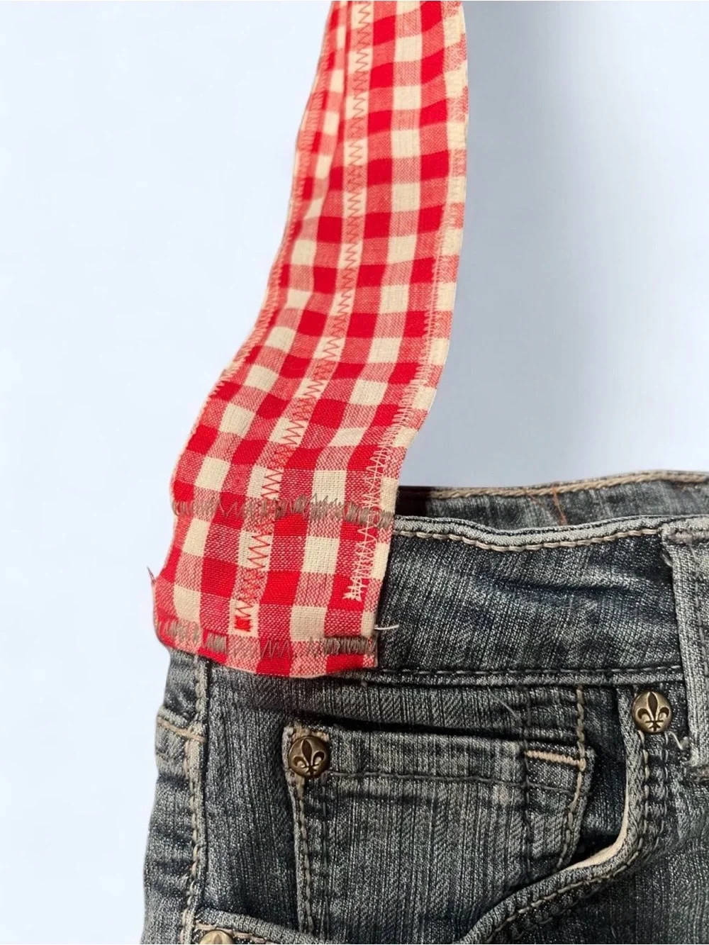 Source Unknown Denim Tote with Leopard Center and Red Gingham Strap
